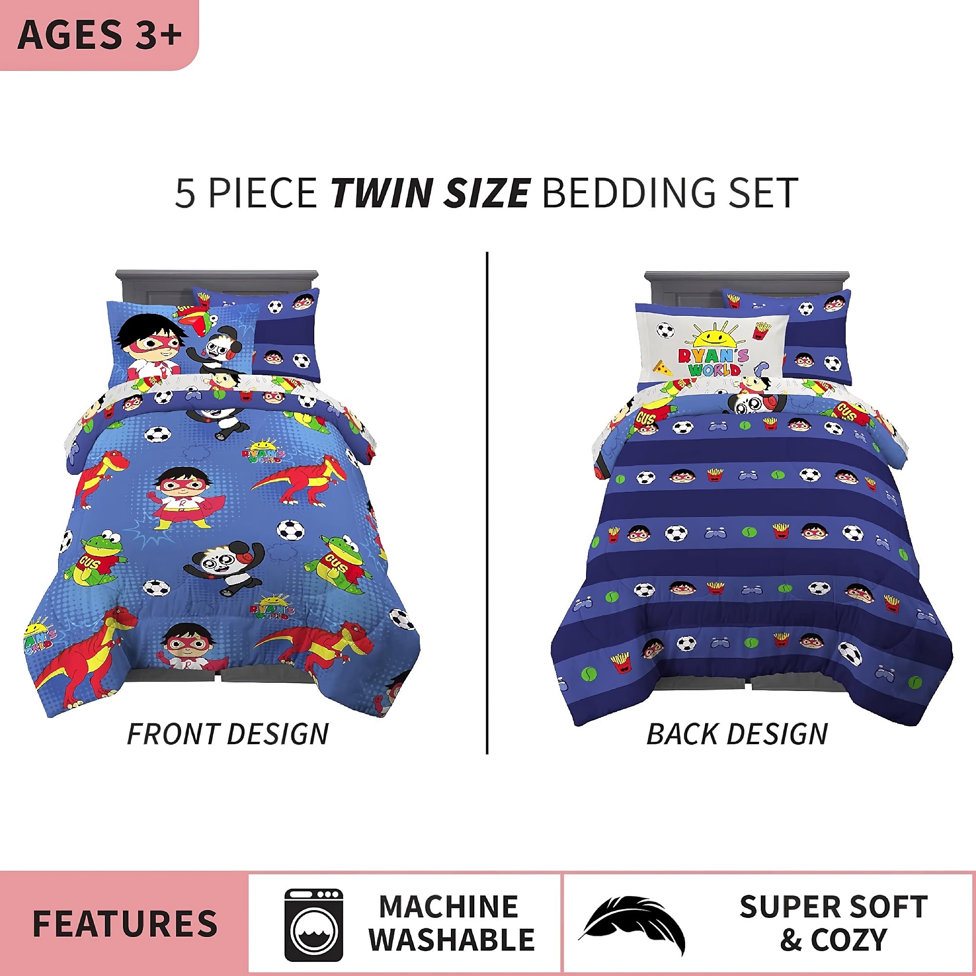 5-Piece Kids Bedding Sheet Set, Twin Size, Cartoon Soft Microfiber Comforter, Fitted Sheet, Pillowcase, Sham for Twin Bed - DT2538 5-Piece Kids Bedding Sheet Set, Twin Size, Cartoon Soft Microfiber Comforter, Fitted Sheet, Pillowcase, Sham for Twin Bed - DT2538